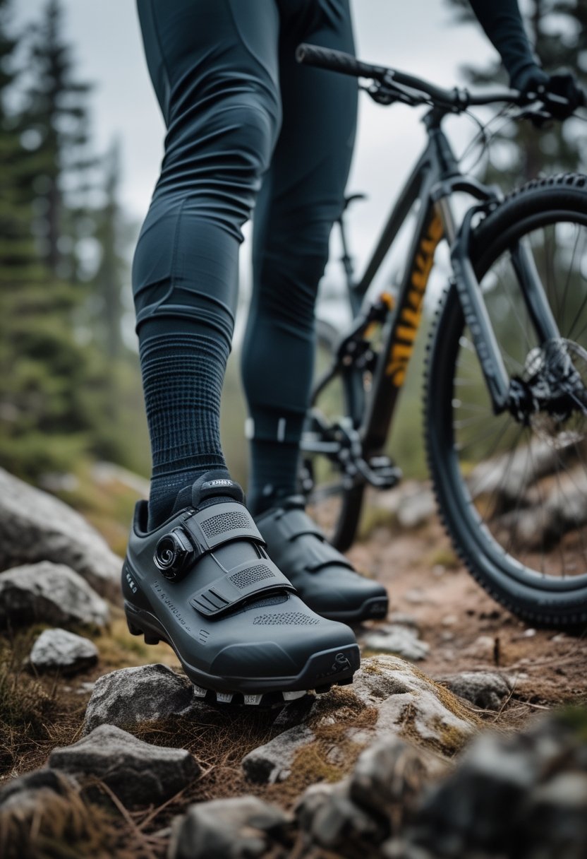 A mountain biker wearing clipless cycling shoes stands beside a mountain bike on a forest trail.