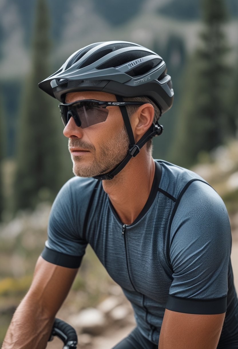 Mountain biker wearing protective sunglasses and technical riding gear on a forest trail.