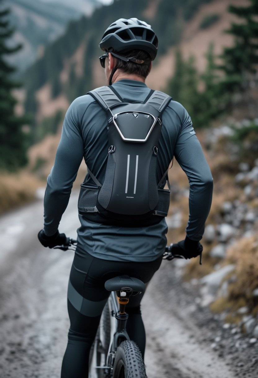 Mountain biker wearing a compact hydration pack rides along a forested mountain trail.