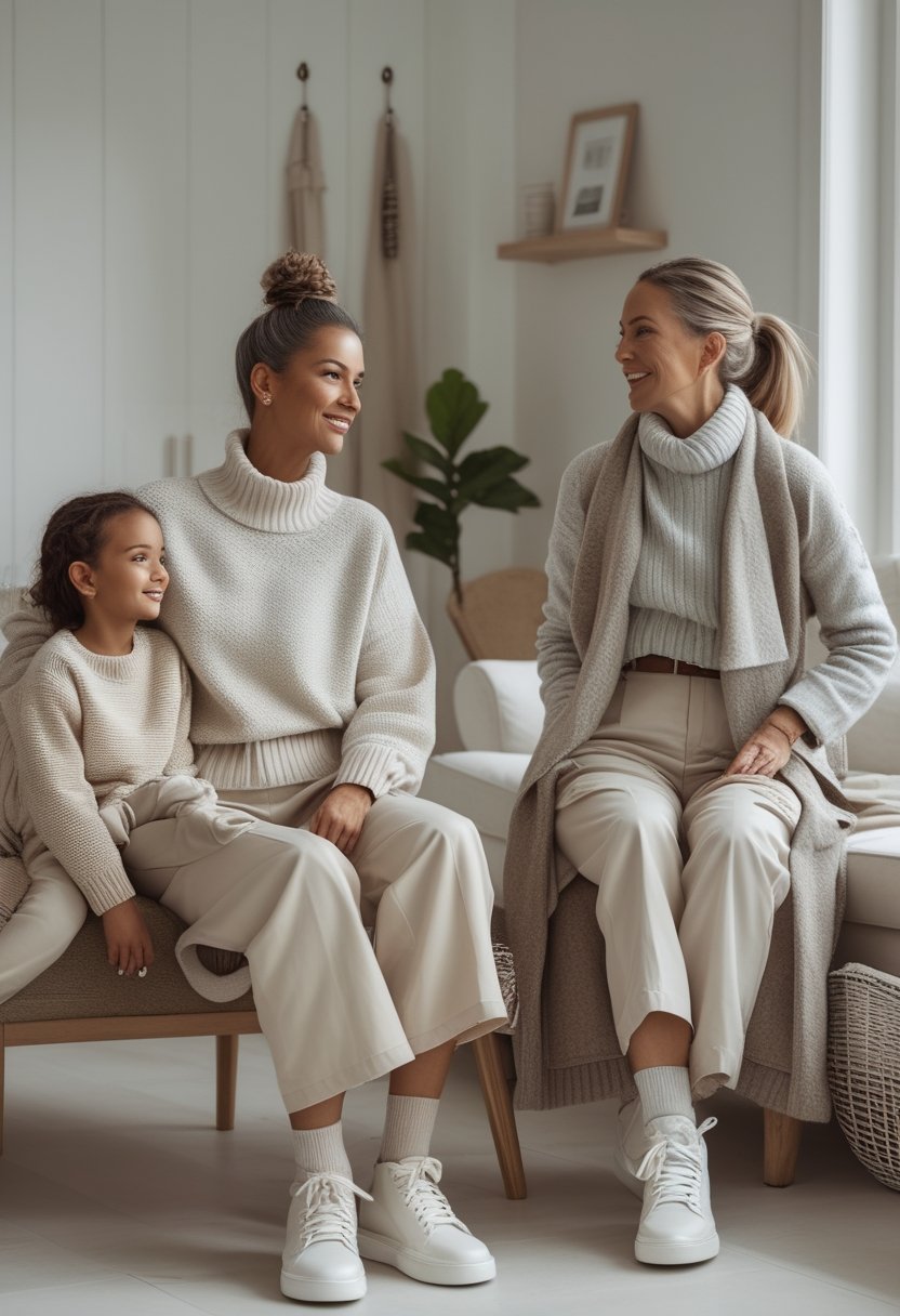 Two mothers wearing neutral Scandinavian-inspired outfits in a bright minimalist home, with one holding a young child.