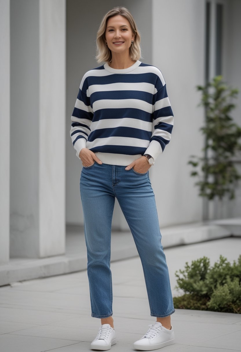 A mother wearing a striped sweater, straight-leg jeans, and white sneakers stands outdoors in a bright minimalist setting.