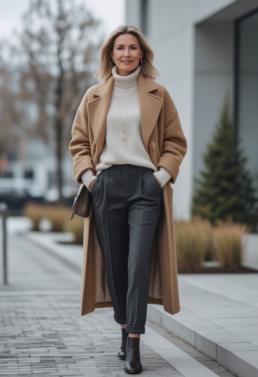 A woman wearing a camel wool coat, cream turtleneck, and tailored trousers walks along a modern city sidewalk.