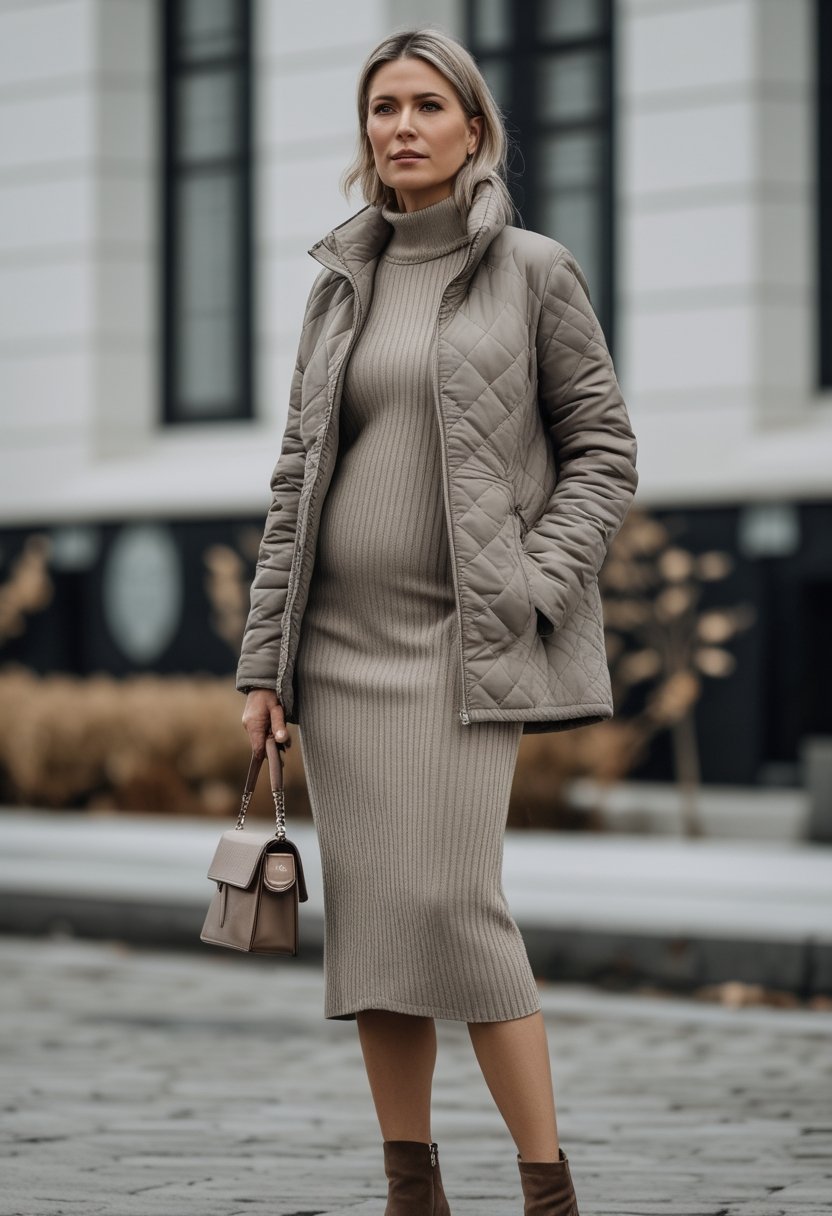 A mother wearing a quilted jacket, ribbed knit dress, and ankle boots outdoors in an urban setting.
