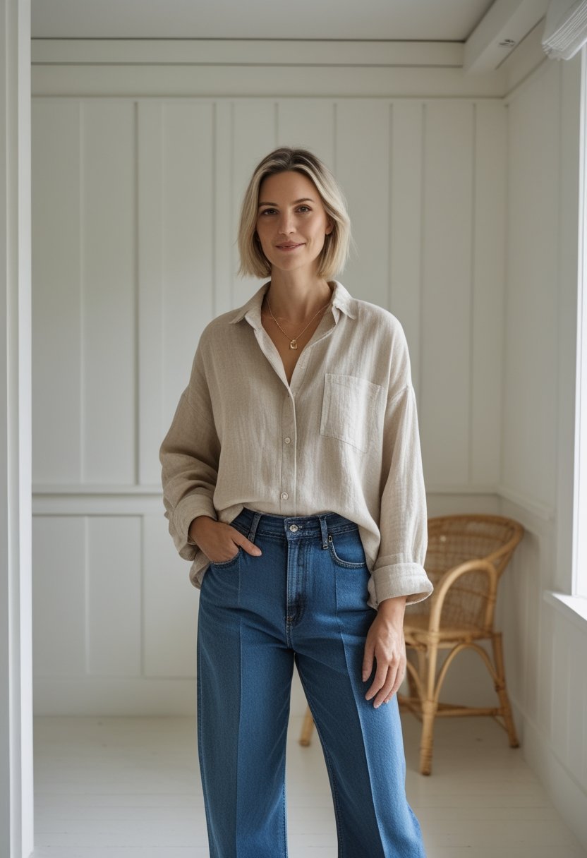 A mother wearing a linen shirt tucked into wide-leg jeans in a bright home.