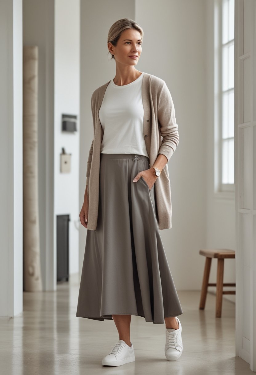 A woman wearing a neutral cardigan, white T-shirt, and midi skirt stands in a bright Scandinavian-style room.