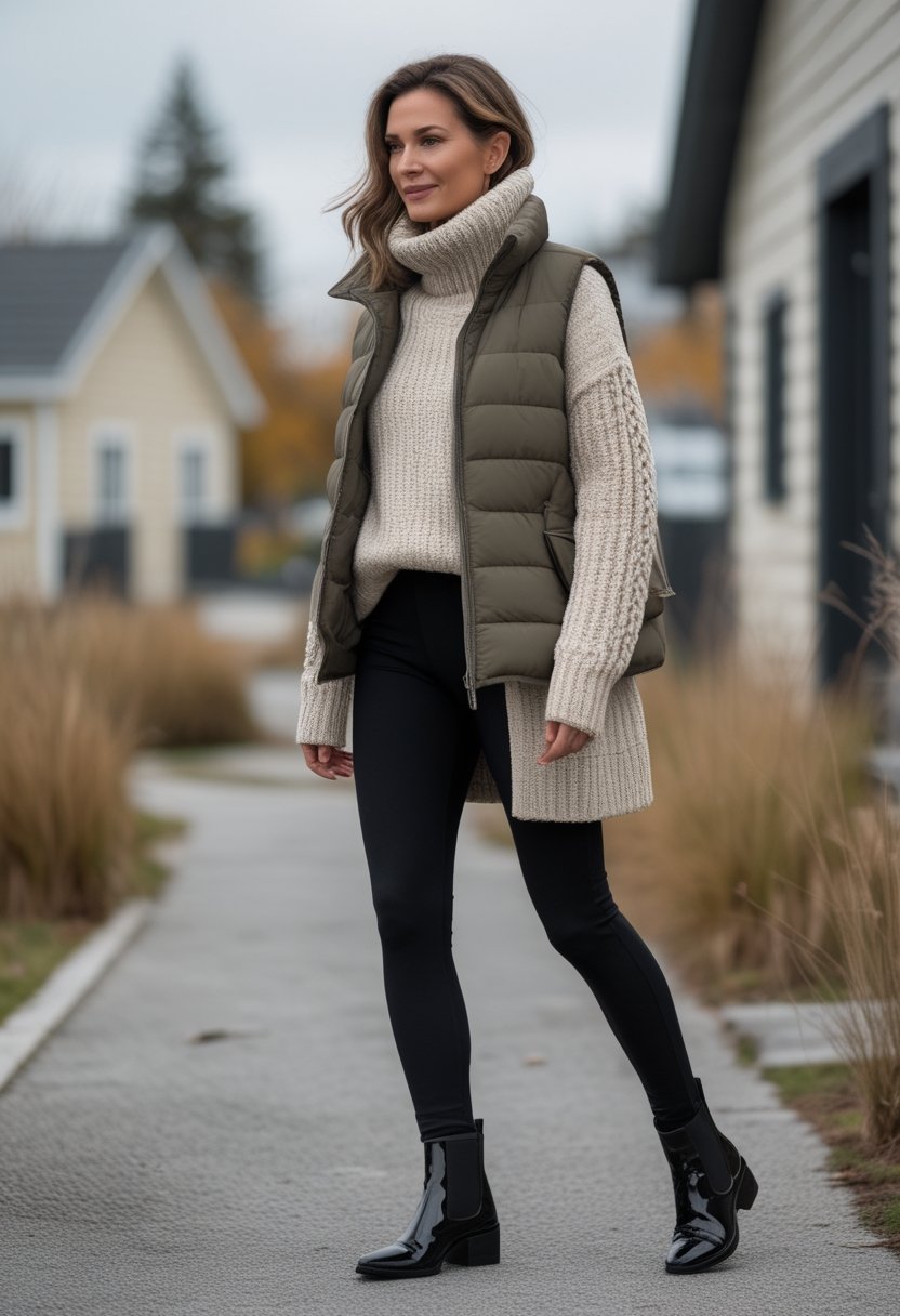 A mother wearing a puffer vest, wool sweater, leggings, and Chelsea boots walks outdoors in an autumn setting.