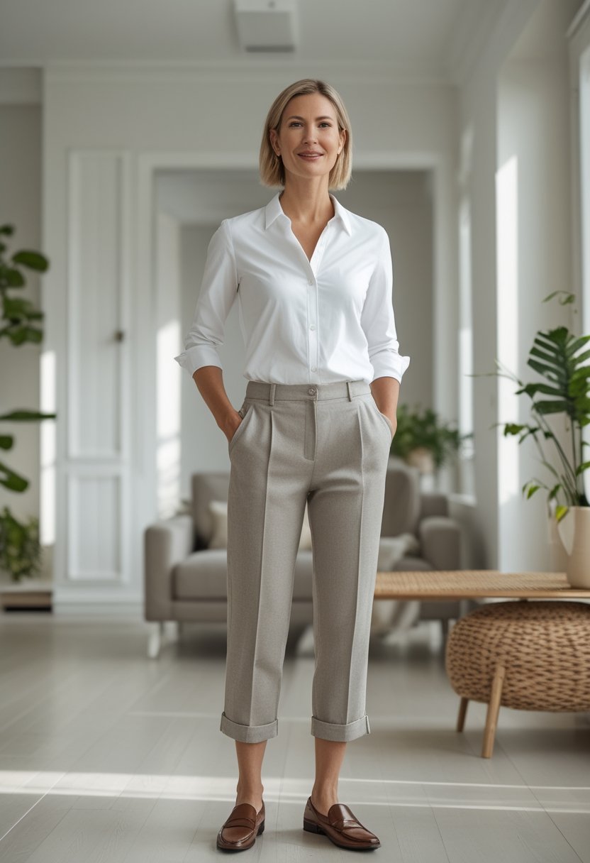 A confident mother wearing a white button-down shirt, cropped trousers, and loafers in a bright modern home.