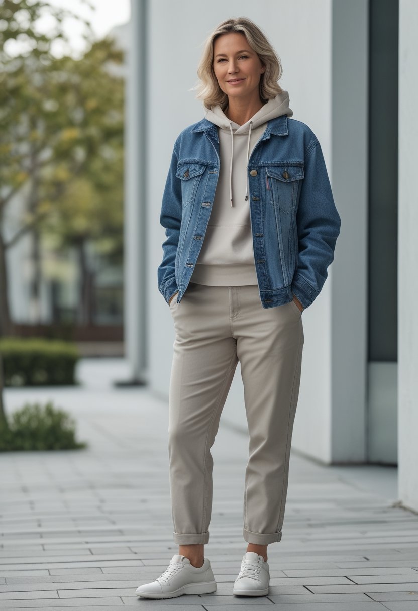 A mother wearing a denim jacket over a hoodie, tapered trousers, and leather trainers stands outdoors in a modern setting.