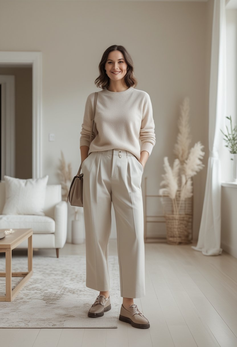 A mother wearing a beige cashmere sweater and relaxed beige pants stands in a bright minimalist home.