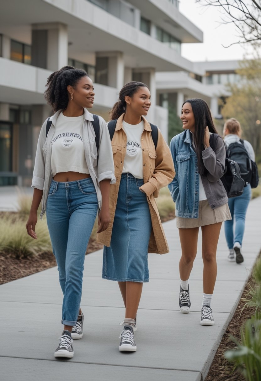 Three college students walk together on a university campus wearing casual outfits and canvas sneakers.
