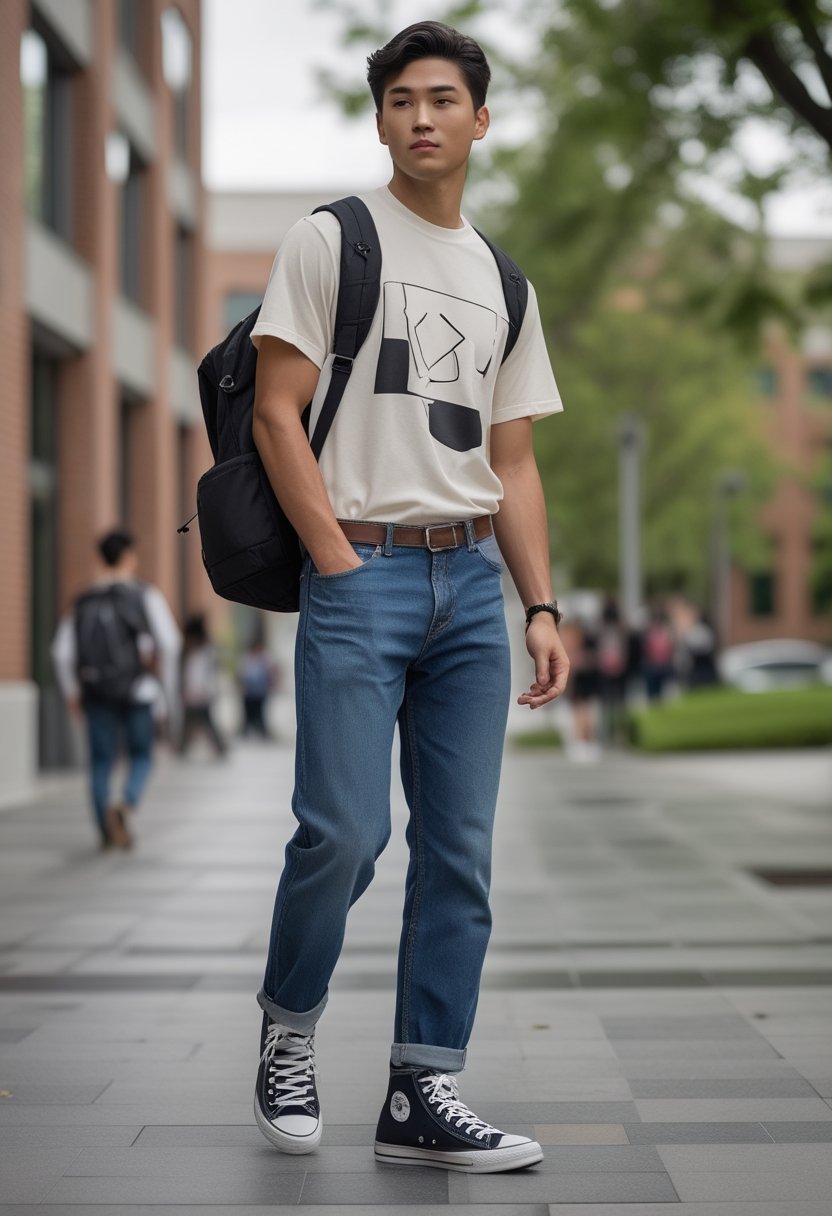 A college student wearing high-top sneakers, straight-leg jeans, and a tucked-in graphic T-shirt walks on a university campus.