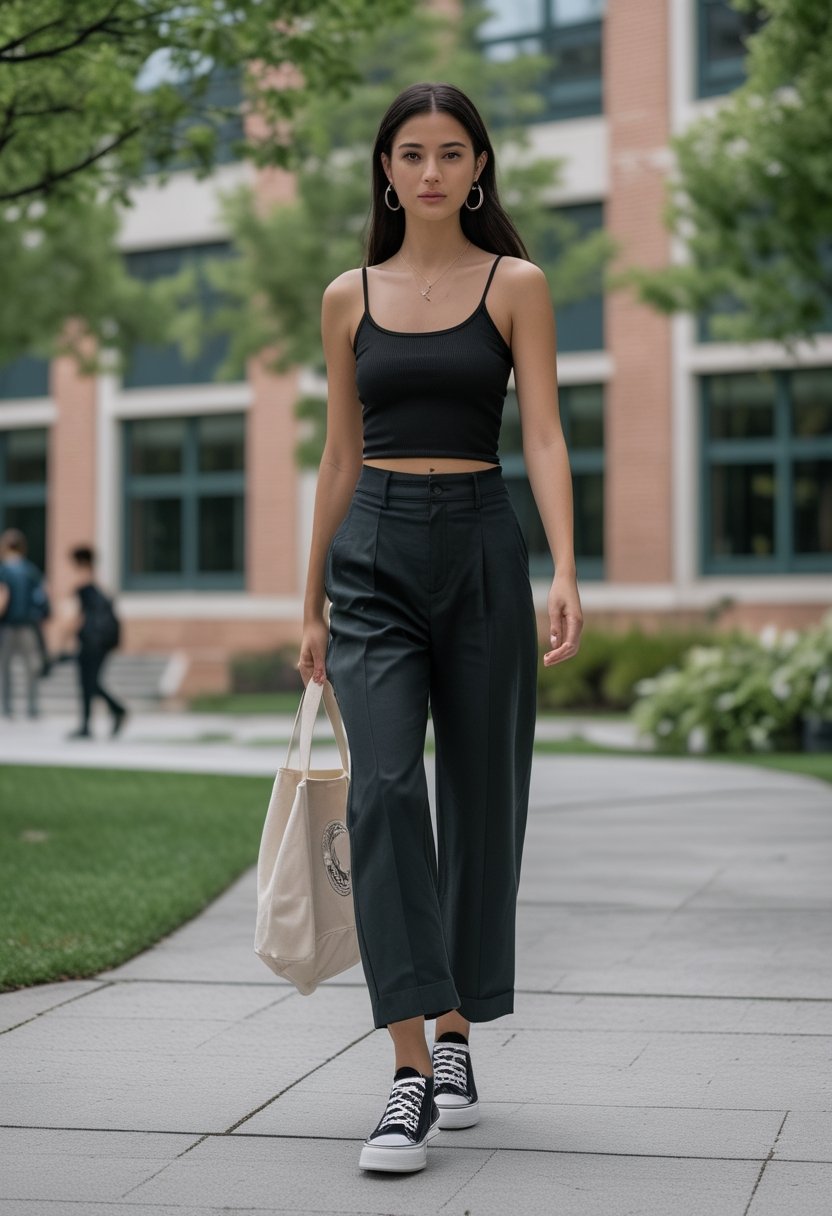 A college student walks across a leafy campus wearing platform sneakers, wide-leg trousers, and a fitted tank top.
