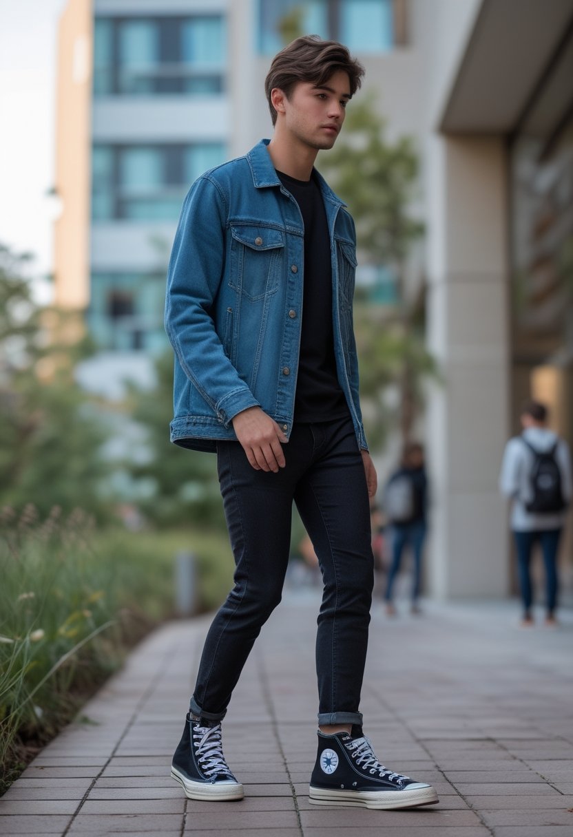 College student wearing black high-top sneakers, a denim jacket, and black jeans on a university campus.