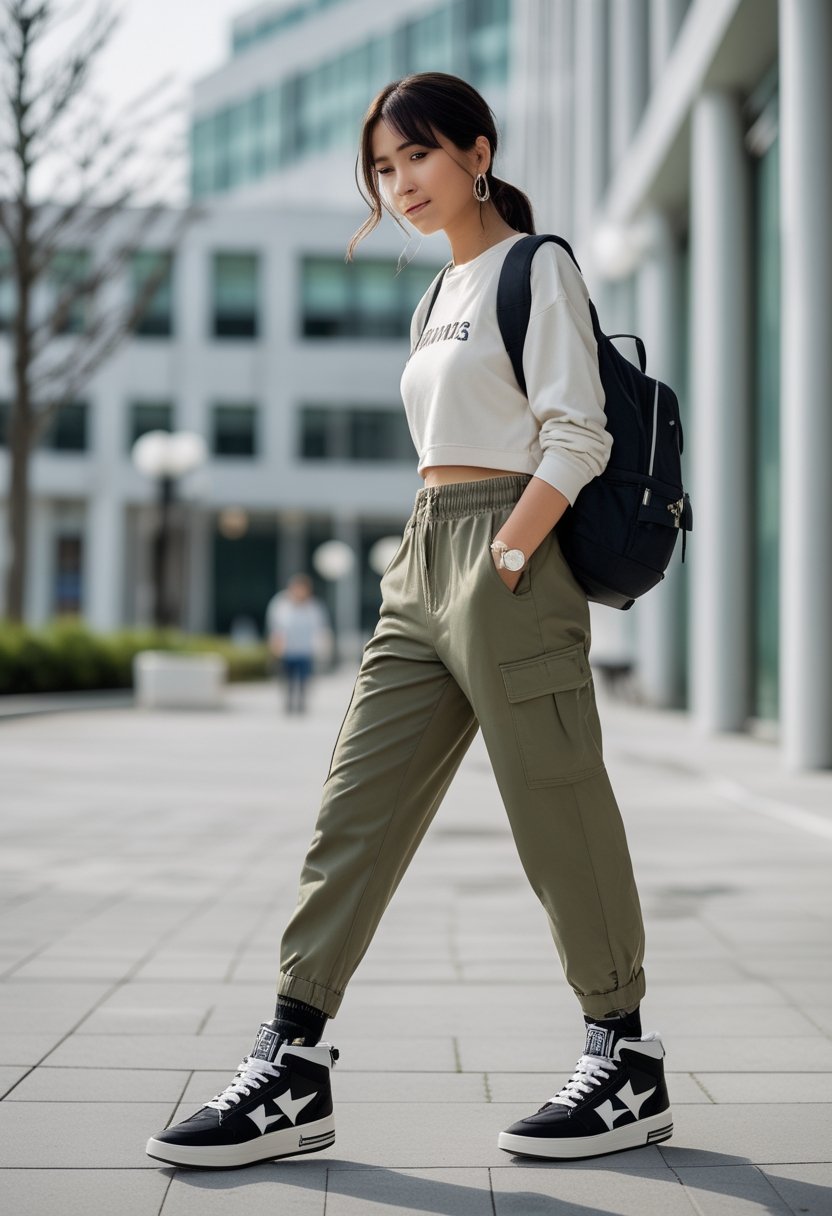 College student wearing platform sneakers, cargo pants, and a cropped sweatshirt on a university campus.