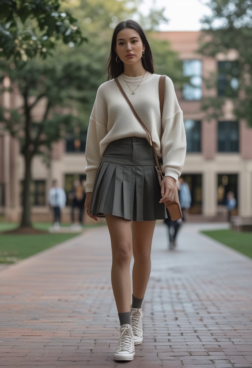A college student wearing canvas sneakers, a pleated skirt, and an oversized sweater walks across a leafy campus.