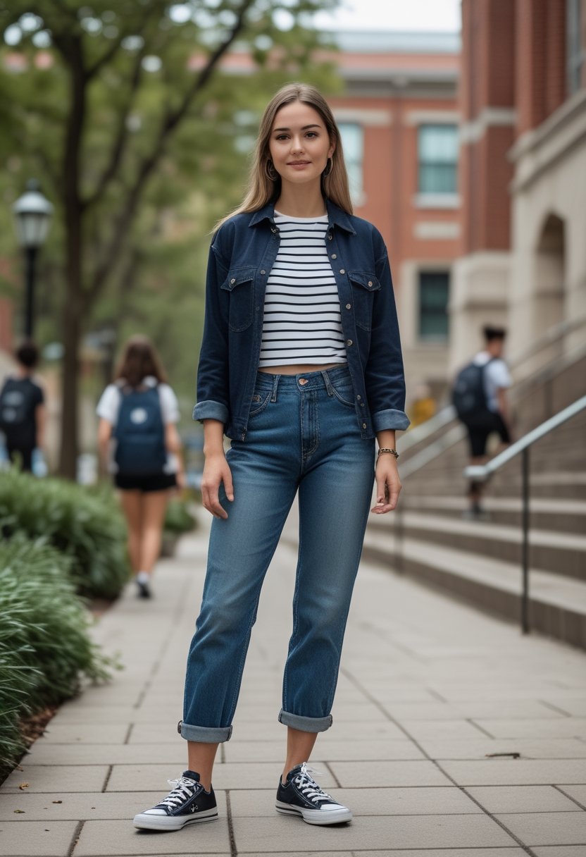 College student wearing striped shirt, cuffed mom jeans, and Converse sneakers on a university campus.