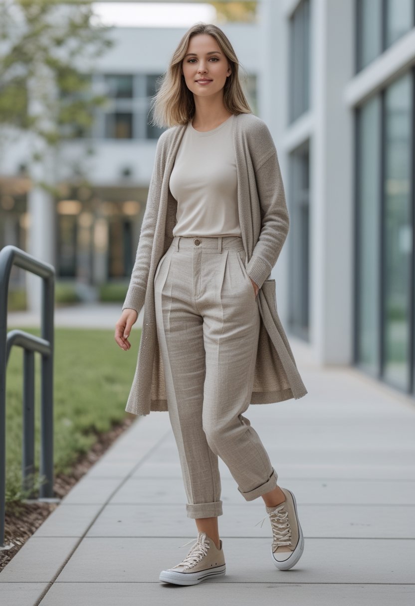 College student wearing neutral sneakers, linen trousers, and a lightweight cardigan on a campus walkway.