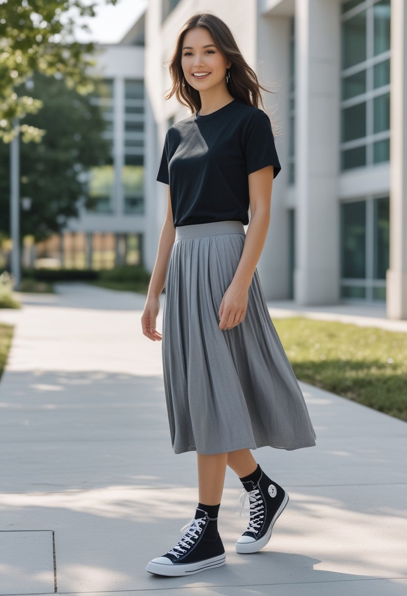 College student wearing high-top sneakers, a midi skirt, and a tucked-in T-shirt on a university campus.