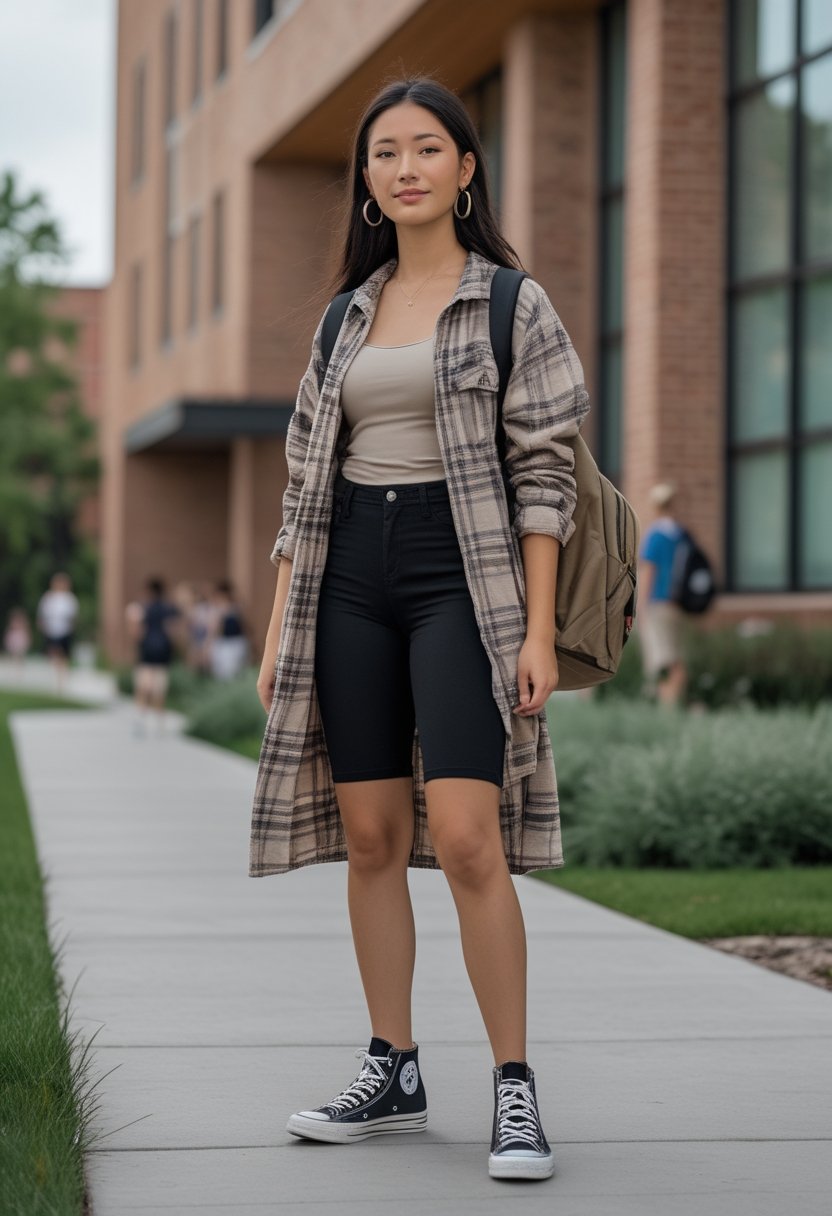 A college student wearing Converse sneakers, black biker shorts, and an oversized flannel shirt on a university campus.