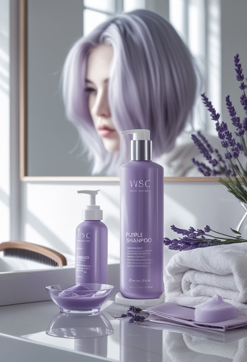 A purple shampoo bottle and lavender shampoo displayed on a bright bathroom vanity beside a white towel and comb.