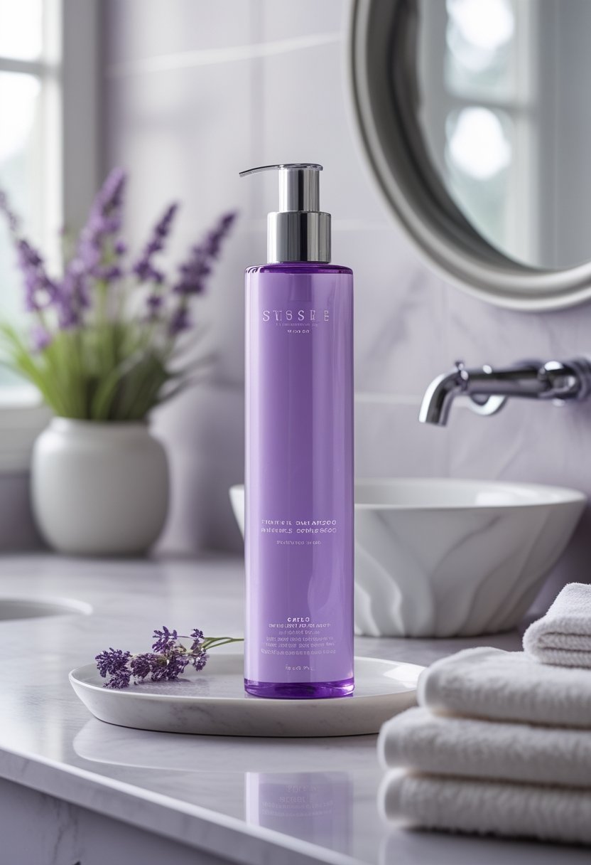 A purple shampoo bottle sits on a marble bathroom counter beside lavender sprigs and a folded white towel.