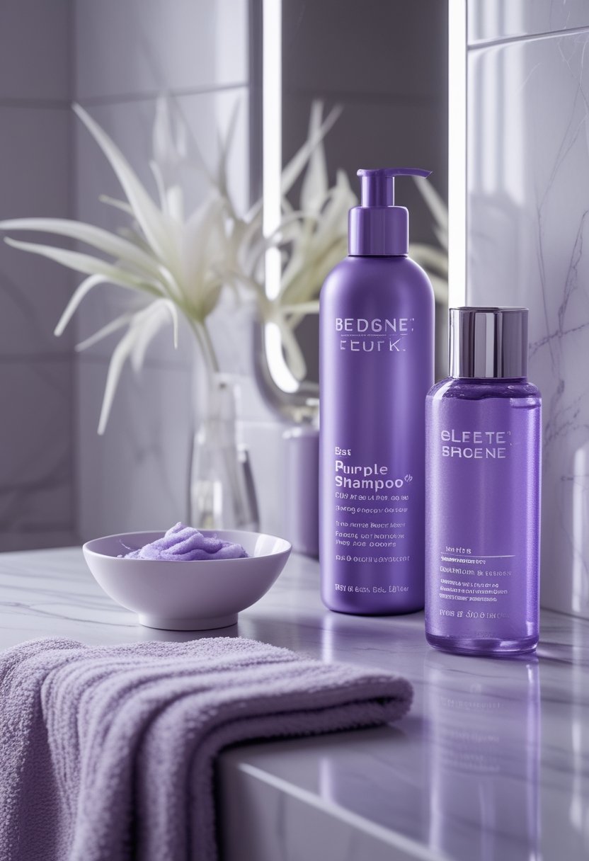 A purple shampoo bottle sits on a bright bathroom vanity beside a bowl of violet shampoo and pale blonde and silver hair strands.