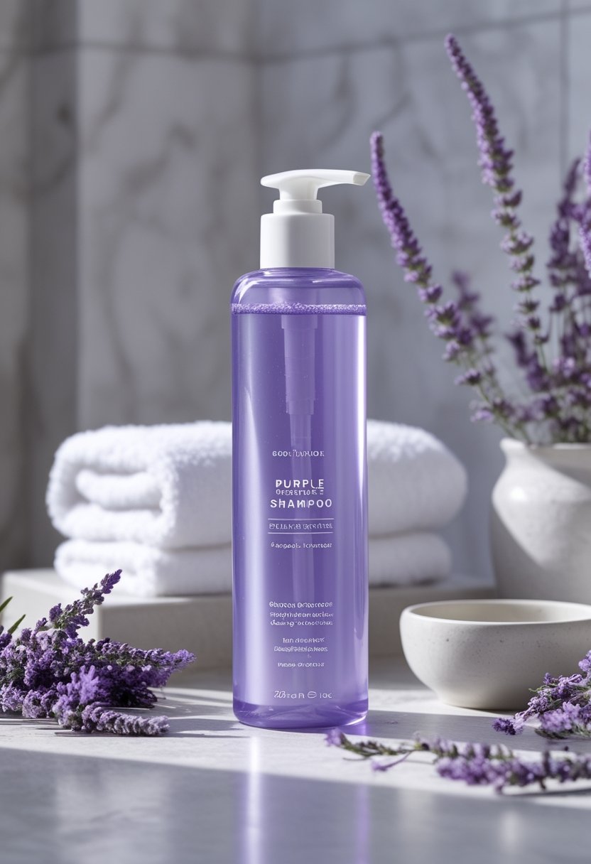 A purple shampoo bottle on a bright bathroom counter with a white towel and lavender flowers.