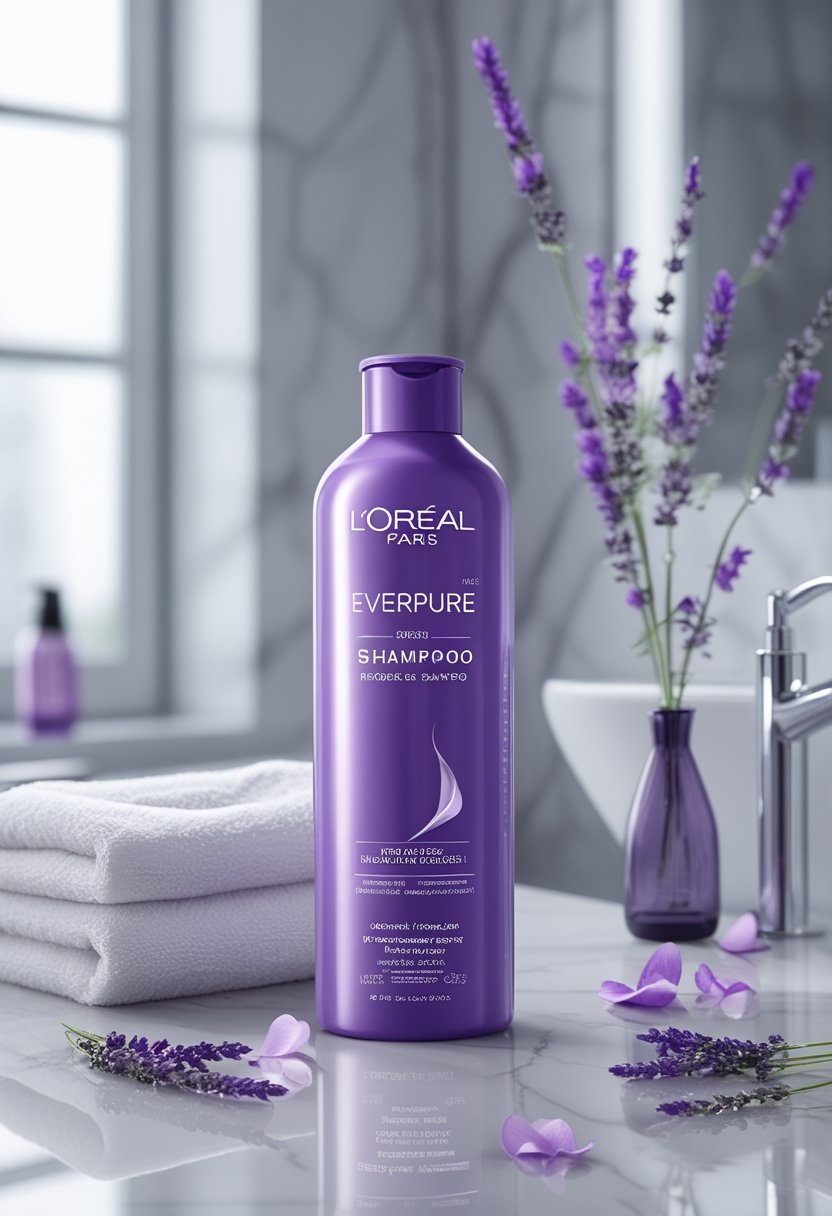 Purple shampoo bottle on a marble bathroom counter surrounded by lavender and white towels.