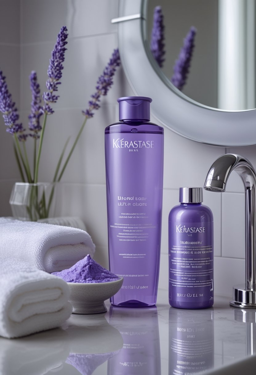 An unlabeled purple shampoo bottle sits on a bright bathroom vanity beside lavender, a white towel, and blonde and silver-gray hair swatches.