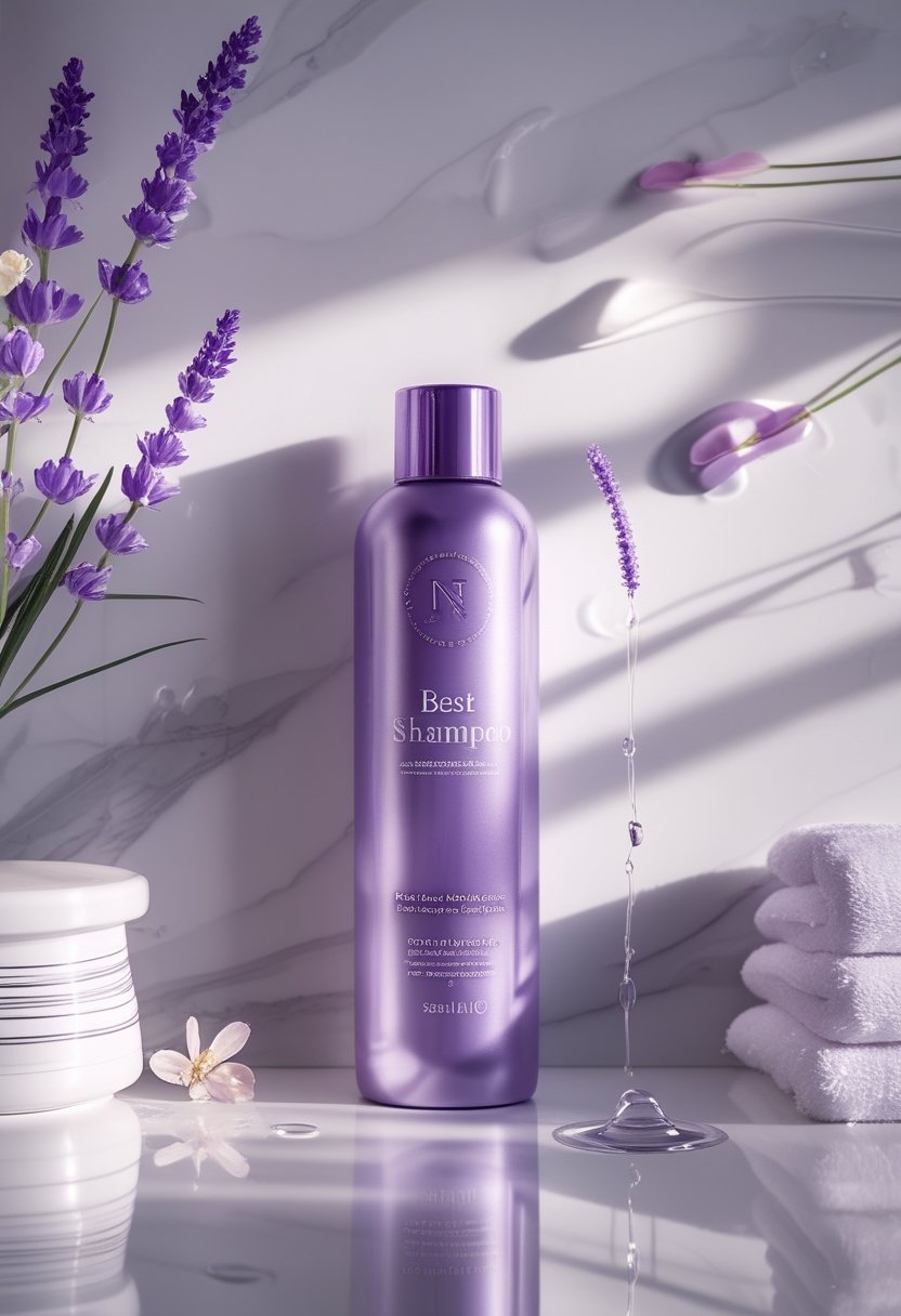 A purple shampoo bottle on a white marble counter surrounded by lavender flowers, a blonde hair swatch, water droplets, and a folded towel.