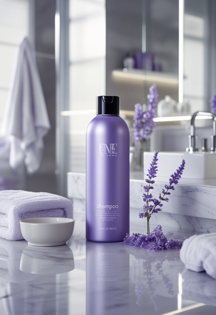 A purple shampoo bottle on a white marble bathroom counter beside a folded towel and lavender sprigs.