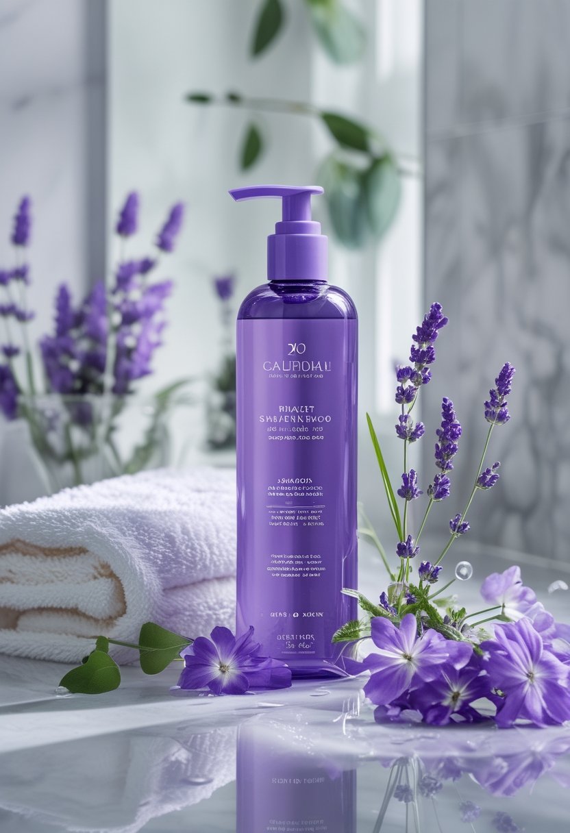 A violet shampoo bottle on a marble bathroom counter beside lavender flowers, eucalyptus, a folded towel, and silver-blonde hair.