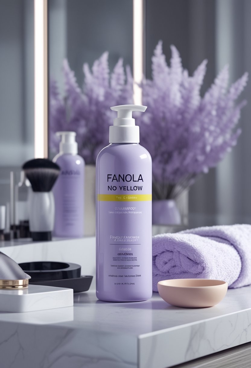 Purple shampoo bottle on a bright bathroom vanity beside a folded towel and blonde hair.