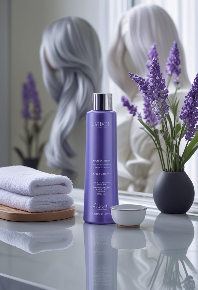 Silver shampoo bottle beside a folded towel and lavender flowers on a bathroom vanity.