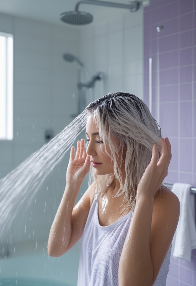 A woman rinses wet blonde hair under a shower as lavender-tinted water flows away.