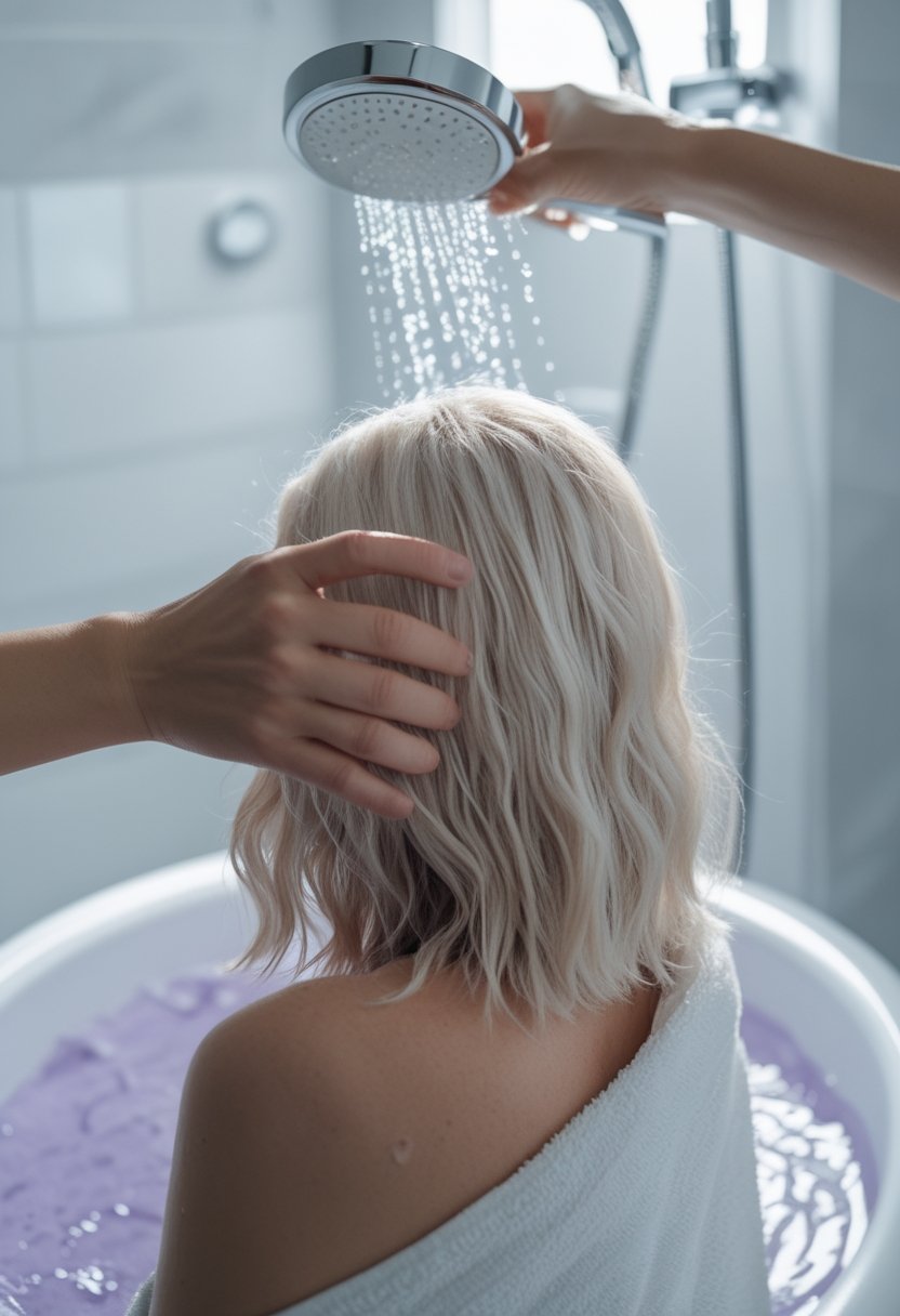Woman rinsing damp blonde hair under running water in a bright bathroom.