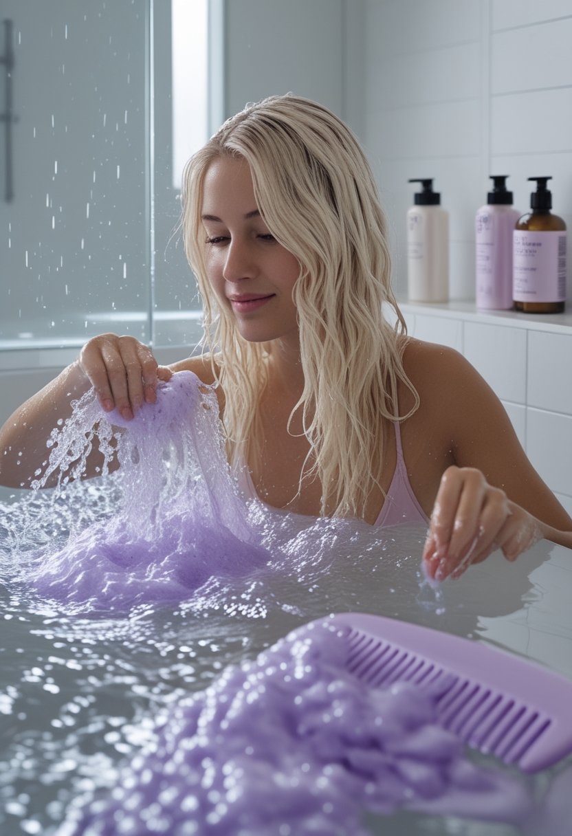 A woman rinses faint purple suds from her blonde hair under a shower.