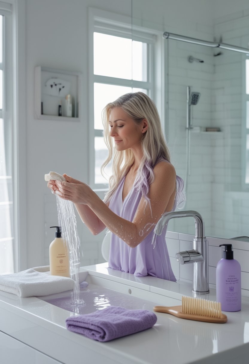 Woman rinsing purple shampoo from damp blonde hair in a bright bathroom.