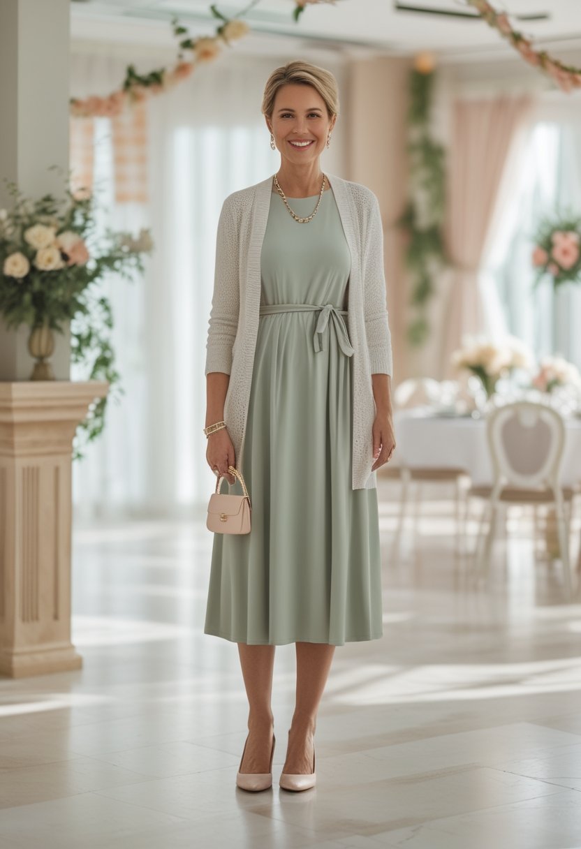 A stylish woman in a pastel dress and cardigan stands at a decorated baby shower venue.