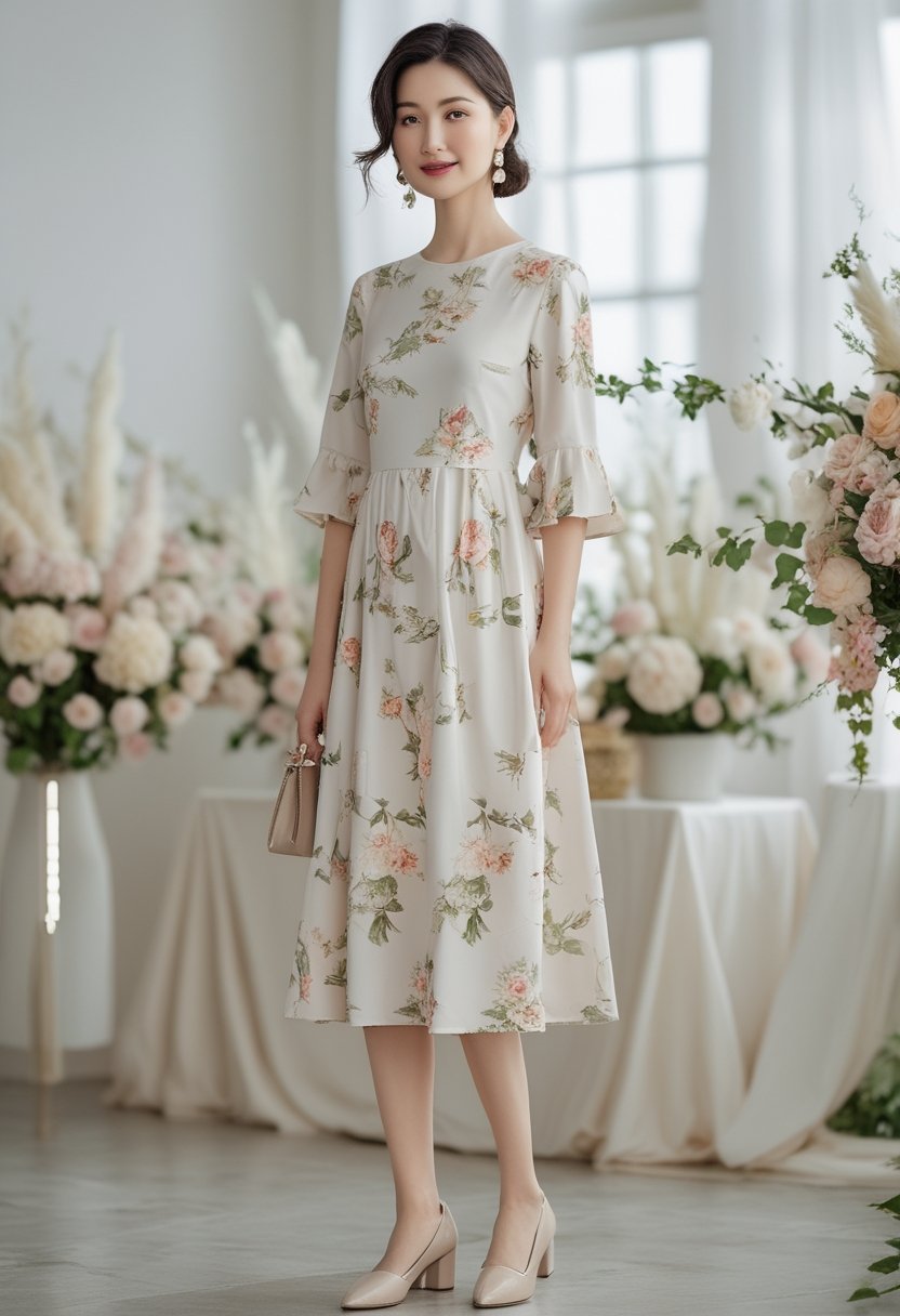 Woman wearing a floral midi dress and block heels at a baby shower.