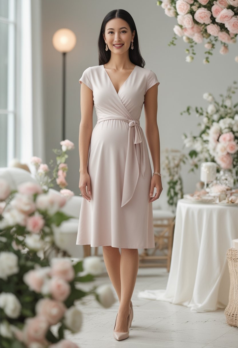 Woman wearing a pastel wrap dress and nude pumps at a baby shower.