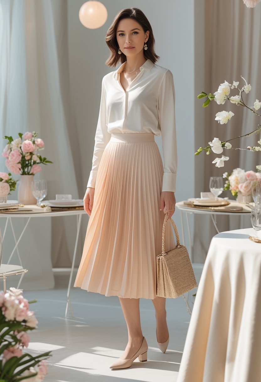 A woman wearing a pleated midi skirt and tucked-in blouse at a softly decorated baby shower.