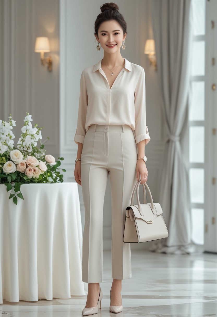 A woman wearing tailored trousers and a lightweight blouse stands in a softly decorated baby-shower setting.