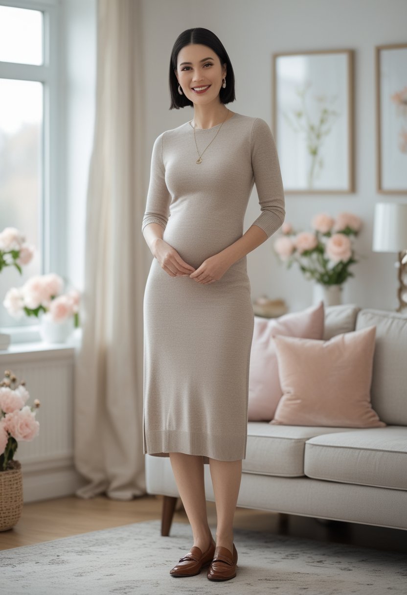 Woman wearing a knit dress and loafers in a softly decorated home.