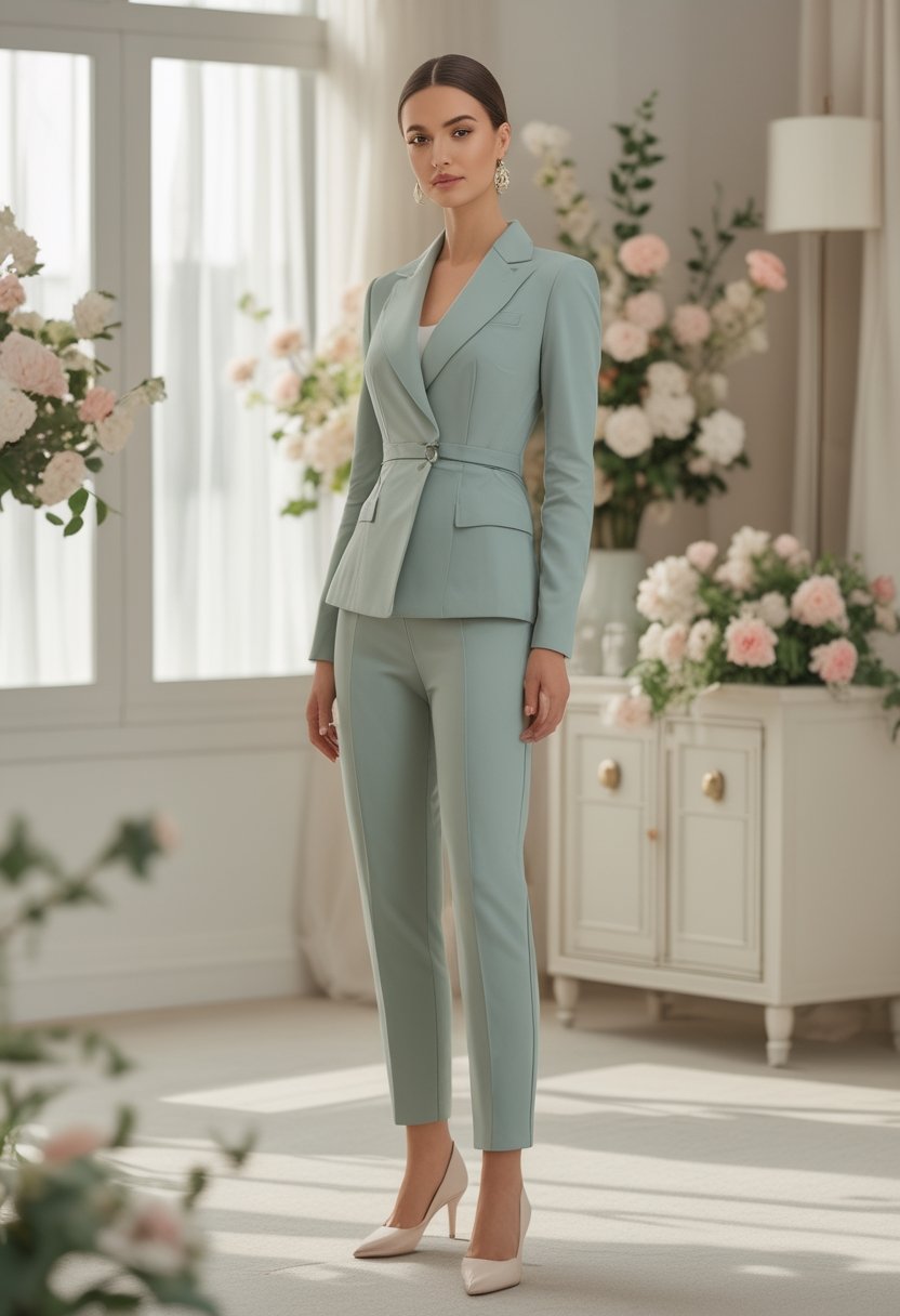 Woman wearing a coordinated pastel outfit and low heels at a decorated baby shower venue.