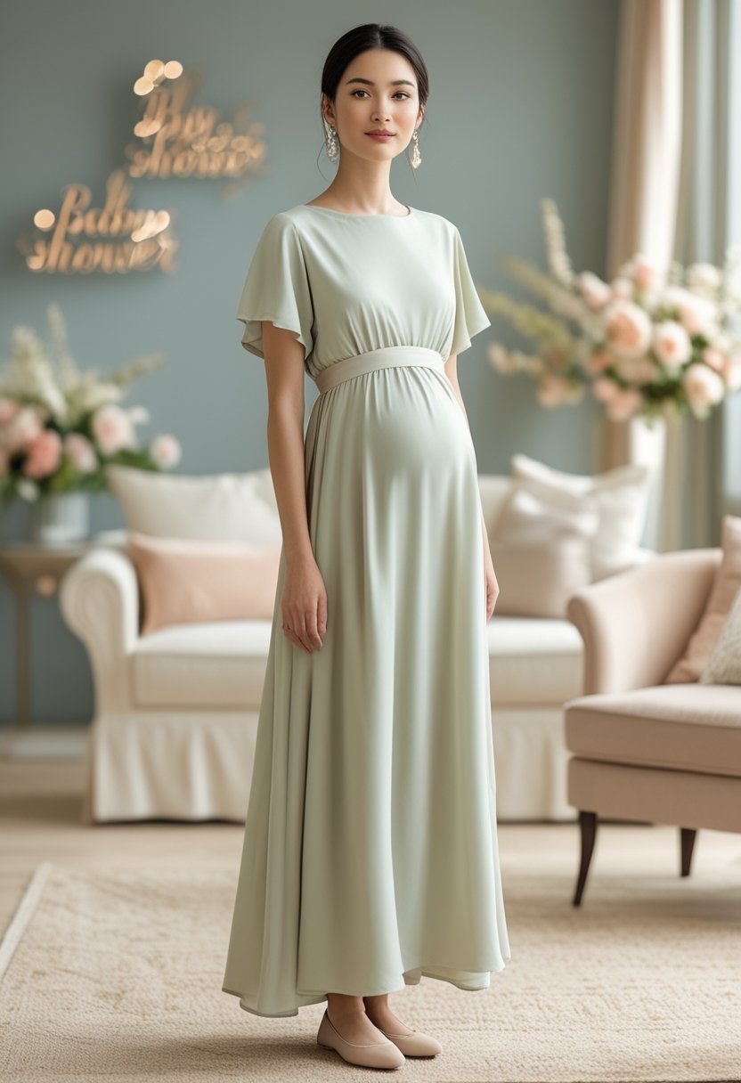 A woman in a pastel maxi dress and delicate flats stands in a softly decorated baby-shower setting.