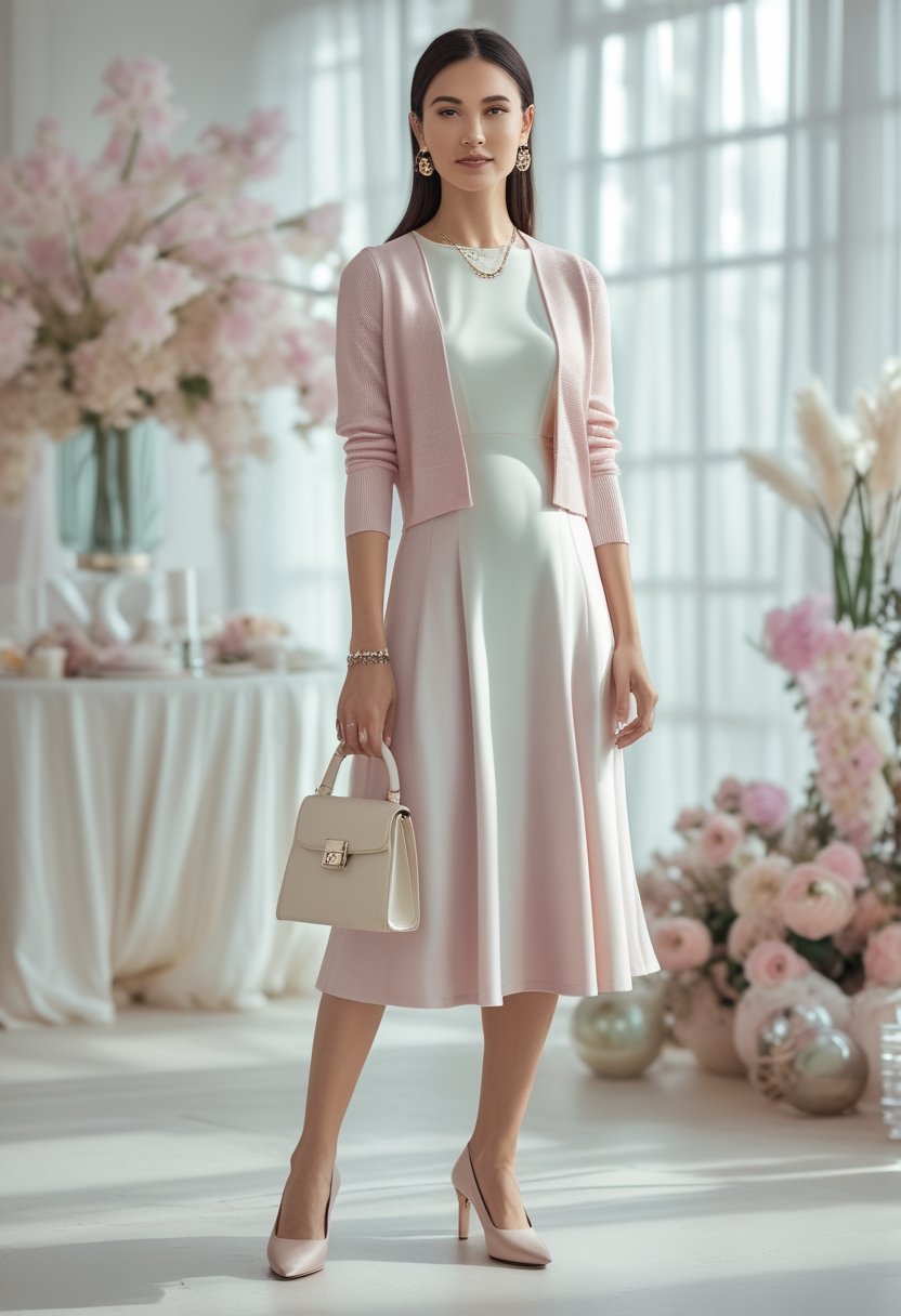 A woman in a pastel A-line dress and cropped cardigan at a decorated baby shower.
