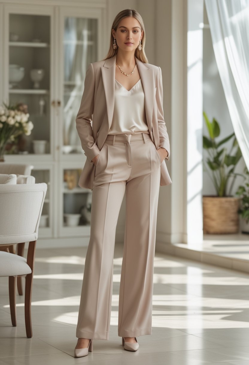 A woman wears wide-leg trousers with a satin camisole and blazer at a stylish baby shower setting.