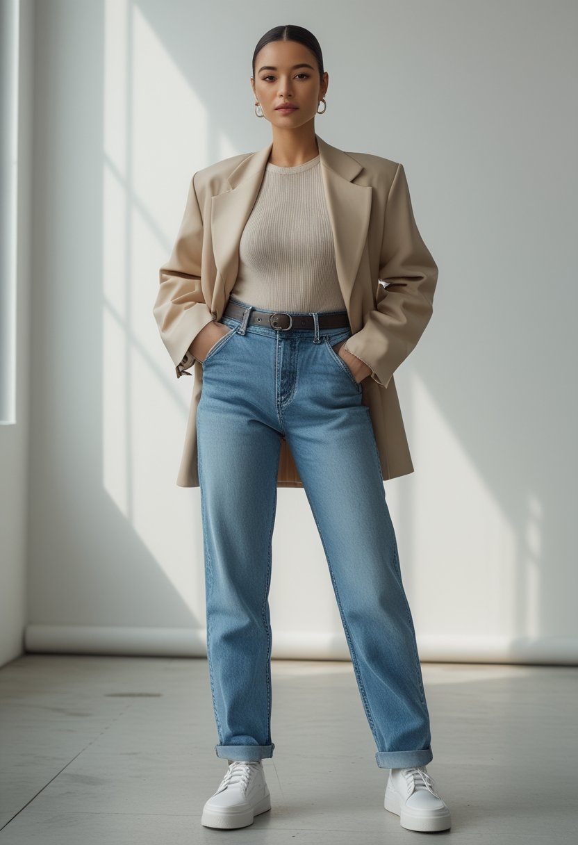 A model wearing a stylish blue jeans outfit with a neutral top and tailored jacket.