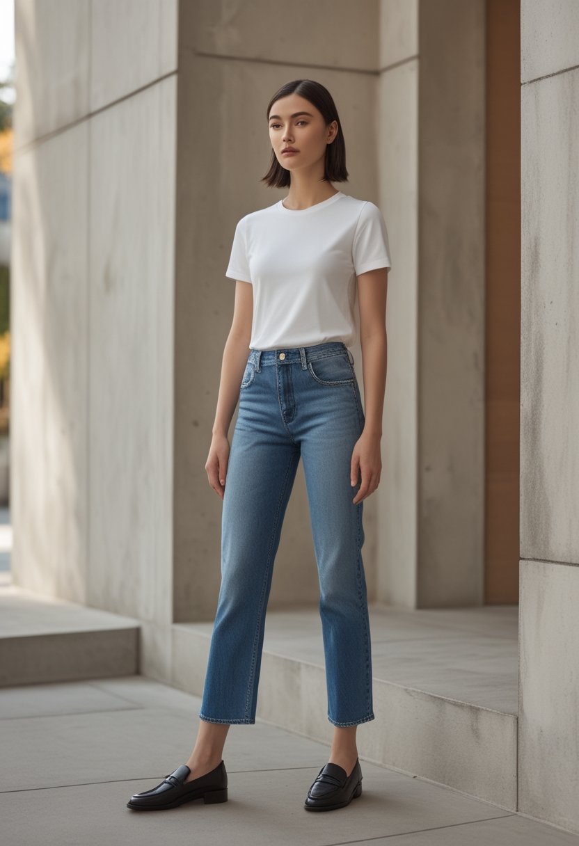 A model wearing blue jeans, a fitted white T-shirt, and black loafers in a modern urban setting.